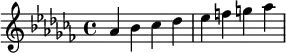  \relative c'' { \clef treble\key as \minor as bes ces des | es f g as  } 