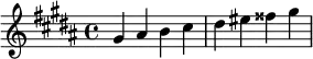  \relative c'' { \clef treble\key gis \minor gis ais b cis | dis eis fisis gis } 