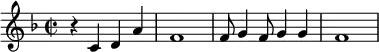 { \key f \major\time 2/2 r4 c'4 d' a' f'1 f'8 g'4 f'8 g'4 g' f'1 }
