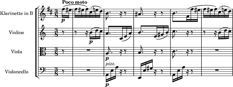  \layout { indent = 30 } \new StaffGroup <<
\new Staff \with { instrumentName = "Klarinette in B" midiInstrument = #"clarinet" } \relative b'' { \transposition bes
\clef treble \key b \minor \hide Score.MetronomeMark \time 3/8 \tempo 8 = 116 \partial 8 fis16\p(^\markup { \bold "Poco moto" } eis | \tempo 8 = 128 fis16 eis \tempo 8 = 156 fis) cis-\shape #'((0 . 0.8) (-0.4 . 1.5) (0 . 0.3) (0 . 0.5))( e d) | b8. r16 r8 | ais8. r16 r8 | \once \stemDown b8. \tempo 8 = 132 fis16( fis' eis | \tempo 8 = 144 fis16 eis\tempo 8 = 156 fis) cis-\shape #'((0 . 0.8) (-0.4 . 1.5) (0 . 0.3) (0 . 0.5))( e d) | }
\new Staff \with { instrumentName = "Violine" midiInstrument = #"violin" } \relative a' { \clef treble \partial 8 r8 | r8 r16 b\p( d c) | a8. c,16(e a) | b8. e,16( gis b) | c8. r16 r8 | r8 r16 b( d c) | }
\new Staff \with { instrumentName = "Viola" midiInstrument = #"viola" } \relative a' { \clef alto \partial 8 r8 | R4. | a,8.\p r16 r8 | b8. r16 r8 | c8. r16 r8 | R4. | }
\new Staff \with { instrumentName = "Violoncello" midiInstrument = #"pizzicato strings" } \relative a, { \clef bass \partial 8 r8 | R4. | a16\p^\markup { \italic pizz. } e' a r16 r8 | e,16 e' gis r16 r8 | a,16 e' a r16 r8 | R4. | }
>> 