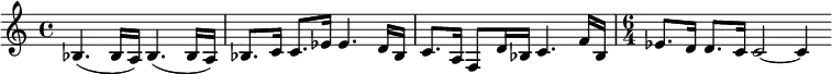  \relative c' { \clef treble \time 4/4 bes4.( bes16 a) bes4.( bes16 a) | bes8. c16 c8. ees16 ees4. d16 bes | c8. a16 f8 d'16 bes c4. f16 bes, | \time 6/4 ees8. d16 d8. c16 c2~ c4 } 