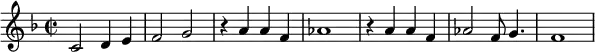 {\key f \major
  \time 2/2 c'2 d'4 e'4 f'2 g'2 r4 a'4 a' f' as'1 r4 a'4 a' f' as'2 f'8 g'4. f'1}