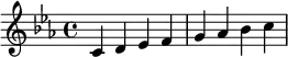  \relative c' { \clef treble\key c \minor c d es f | g as bes c } 