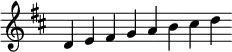 \relative c' {\once \omit Staff.TimeSignature \key d \major d4 \bar "" e \bar "" fis\bar "" g\bar "" a\bar "" b\bar "" cis\bar "" d\bar ""}