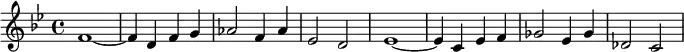 {\key bes \major
 \time 4/4 f'1~f'4 d' f' g' as'2 f'4 as'4 es'2 d'2 es'1~ es'4 c' es' f' ges'2 es'4 ges' des'2 c'2}