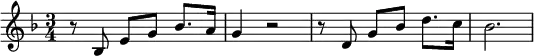 { \key f \major \time 3/4 r8 bes8 e'8 g'8 bes'8. a'16 g'4 r2 r8 d'8 g'8 bes'8 d''8. c''16 bes'2. }