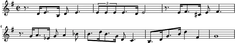 {\key g \major \time 2/2 r8. d'16 e'8. b16 d'8 e'4.\times 2/3 {e'8 e' e'} e'8. d'16 e'2 r8. e'16 fis'8. cis'16 e'8 fis'4. r8. g'16 a'8. es'16 g'8 a'4 bes'8 b'8. d''16 b'8. g'16 d'8 c'4. b8. d'16 g'8. b'16 d''4 fis'4 g'1 }