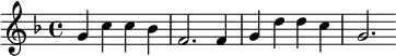 { \key f \major g'4 c''4 c''4 bes'4 f'2. f'4 g'4 d''4 d''4 c''4 g'2. }