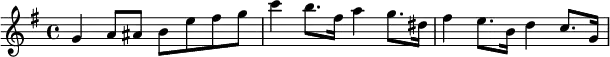 { \key g \major \time 4/4 g'4 a'8 ais'8 b'8 e''8 fis''8 g''8 c'''4 b''8. fis''16 a''4 g''8. dis''16 fis''4 e''8. b'16 d''4 c''8. g'16 }