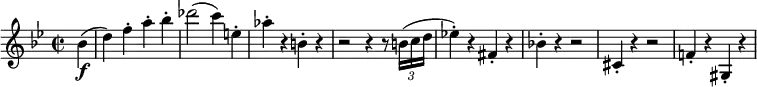 
\relative c'' {
 \key g \minor
 \time 2/2
 \partial 4 bes\f( |
 d4) f-. a-. bes-. |
 des2( c4) e,-. |
 as4-. r b,-. r |
 r2 r4 r8 \times 2/3 { b16( c d } |
 es!4-.) r fis,-. r |
 bes!4-. r r2 |
 cis,4-. r r2 |
 f!4-. r gis,-. r |
}

