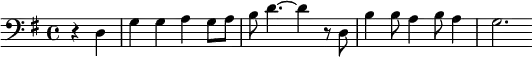 {\clef bass
\key g \major
 \time 4/4 \partial 2 r4 d4 g g a g8 a8 b8 d'4.~d'4 r8 d8 b4 b8 a4 b8 a4 g2. }