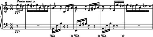  { \new PianoStaff << \new Staff \with { midiInstrument = "acoustic grand" \magnifyStaff #5/7 } \relative c'' { \clef treble \hide Score.MetronomeMark \time 3/8 \tempo 8 = 116 \partial 8 e16\pp^\markup { \bold "Poco moto." } dis | \tempo 8 = 128 e16 dis \tempo 8 = 156 e b d c | a8 r16 c, e a | b8 r16 e, gis b | c8 \tempo 8 = 132 r16 e, e' dis | \tempo 8 = 144 e16 dis\tempo 8 = 156 e b d c | } \new Staff \with { \magnifyStaff #5/7 midiInstrument = "acoustic grand" } \relative c { \clef bass \partial 8 r8\pp | R4. a16 e' a r16 r8 | e,16 e' gis r16 r8 | a,16 e' a r16 r8 | R4. | } \new Dynamics = "pedalOne" { \magnifyMusic #5/7 { \partial 8 s8 | s4. | s4\sustainOn s16. s32\sustainOff | \once \override SustainPedal.extra-offset = #'(0.8 . 0) s4\sustainOn s16. s32\sustainOff | \once \override SustainPedal.extra-offset = #'(0.8 . 0) s4\sustainOn s16. s32\sustainOff | s4. | } } >> } 