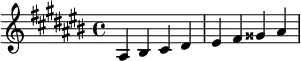  \relative c' { \clef treble\key ais \minor ais bis cis dis | eis fis gisis ais } 