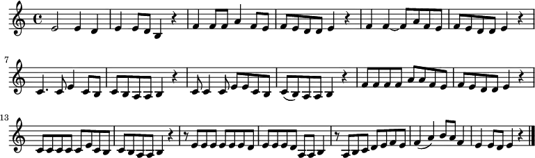 
\relative c' { \key a \minor
e2 e4 d | e e8 d b4 r | f' f8 f a4 f8 e | f e d d e4 r | f f4 ~ f8 a f e | f e d d e4 r |\break
c4. c8 e4 c8 b | c b a a b4 r | c8 c4 c8 e e c b | c( b) a a b4 r | f'8 f f f a a f e | f e d d e4 r |\break
c8 c c c c e c b | c b a a b4 r |\noBreak r8 e e e e e e d |\noBreak e e e d a a b4 |\noBreak r8 a b c d e f e |\noBreak f4( a) b8 a f4 |\noBreak e e8 d e4 r \bar "|."
}