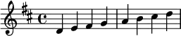  \relative c' { \clef treble\key d \major d e fis g | a b cis d } 