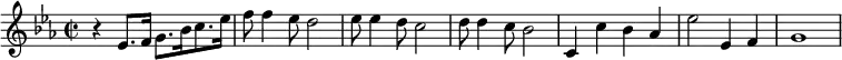 {\key es \major
  \time 2/2 r4 es'8. f'16 g'8. bes'16 c''8. es''16 f''8 f''4 es''8 d''2 es''8 es''4 d''8 c''2 d''8 d''4 c''8 bes'2 c'4 c''4 bes' as' es''2 es'4 f' g'1 }
