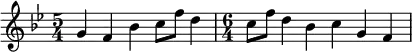 { \key bes \major \time 5/4 g'4 f'4 bes'4 c''8 f''8 d''4 \time 6/4 c''8 f''8 d''4 bes'4 c''4 g'4 f'4 }