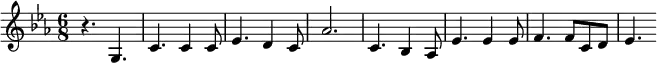 { \clef treble \key es \major \time 6/8 r4. g4. c'4. c'4 c'8 es'4. d'4 c'8 as'2. c'4. bes4 as8 es'4. es'4 es'8 f'4. f'8 c'8 d'8 es'4. }