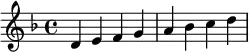  \relative c' { \clef treble\key d \minor d e f g | a bes c d } 