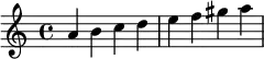  \relative c'' { \clef treble a b c d | e f gis a } 
