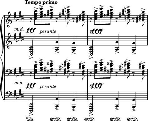 
\header { tagline = ##f }
\score {
  \new StaffGroup \with { systemStartDelimiter = #'SystemStartBrace \remove Span_bar_engraver midiInstrument = "acoustic grand" } <<
    \new PianoStaff \with { \remove System_start_delimiter_engraver \override StaffGrouper.staff-staff-spacing.basic-distance = 7 } <<
      \set PianoStaff.connectArpeggios = ##t
      \override PianoStaff.Arpeggio.stencil = #ly:arpeggio::brew-chord-bracket
      \new Staff \relative c'' {
        \time 4/4
        \omit Staff.TimeSignature
        \set Staff.extraNatural = ##f
        \key cis \minor
        \clef treble
        \override DynamicTextSpanner.style = #'none
        \tempo "Tempo primo" 4=34
        \once \override DynamicText.Y-offset = #-3.4 r8\fff <cis e gis cis>-> <e gis b e>->_\markup { \lower #3.4 \italic pesante } <dis fisis ais dis>-> r <d fis bis d>-> r <bis dis fis bis> | % mt 46
        r8_\markup { \lower #3.4 \dynamic sffff } \once \omit Staff.DynamicText <cis e gis cis>\ffff-> <e gis b e>-> <dis fisis ais dis>-> r <d fis bis d>-> r <bis dis fis bis>-> | % mt 47
      }
      \new Staff \with { \override VerticalAxisGroup.staff-staff-spacing.basic-distance = #15 } \relative c' {
        \time 4/4
        \omit Staff.TimeSignature
        \key cis \minor
        \clef treble
        \omit Staff.DynamicText
        \omit Staff.DynamicTextSpanner
        <cis, e gis cis>2->\fff^\markup { \hspace #-7 \raise #2.2 \italic m.d. } <a' a'>4->\fff <gis gis'>-> | % mt 46
        <cis, e gis cis>2->\ffff <a' a'>4-> <gis gis'>-> | % mt 47
      }
    >>
    \new PianoStaff \with { \remove System_start_delimiter_engraver \override StaffGrouper.staff-staff-spacing.basic-distance = 7 } <<
      \set PianoStaff.connectArpeggios = ##t
      \override PianoStaff.Arpeggio.stencil = #ly:arpeggio::brew-chord-bracket
      \new Staff \relative {
        \time 4/4
        \omit Staff.TimeSignature
        \key cis \minor
        \clef bass
        \set Staff.extraNatural = ##f
        \override DynamicTextSpanner.style = #'none
        \once \override DynamicText.Y-offset = #-4 r8\fff <e gis cis e>-> <gis b e gis>->_\markup { \lower #4 \italic pesante } <fisis ais dis fisis>-> r <fis bis d fis>-> r <dis fis bis dis>-> | % mt 46
        r8_\markup { \lower #3.6 \dynamic sffff } \once \omit Staff.DynamicText <e gis cis e>\ffff-> <gis b e gis>-> <fisis ais dis fisis>-> r <fis bis d fis>-> r <dis fis bis dis>-> | % mt 47
      }
      \new Staff \relative c, {
        \time 4/4
        \omit Staff.TimeSignature
        \key cis \minor
        \clef bass
        \omit Staff.DynamicText
        \omit Staff.DynamicTextSpanner
        <cis, e gis cis>2->\fff^\markup { \hspace #-7 \raise #2.6 \italic m.s. } <a' a'>4->\fff <gis gis'>-> | % mt 46
        <cis, e gis cis>2->\ffff <a' a'>4-> <gis gis'>-> | % mt 47
      }
    >>
    \new Dynamics {
      s2\sustainOn s4\sustainOff\sustainOn s4\sustainOff\sustainOn | % mt 46
      s2\sustainOff\sustainOn s4\sustainOff\sustainOn s4\sustainOff\sustainOn | % mt 47
    }
  >>
  \layout {
    \context { \Score tempoHideNote = ##t }
    line-width = 608\mm
  }
  \midi {}
}
