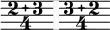  << \relative { \omit Staff.Clef \override Staff.BarLine.color = #(rgb-color 0.972 0.976 0.98) \override Staff.BarLine.hair-thickness = #8 \compoundMeter #'((2 3 4)) \set Timing.measureLength = #(ly:make-moment 1/8) s8 \compoundMeter #'((3 2 4)) \set Timing.measureLength = #(ly:make-moment 1/8) s8 \bar "" } >> 