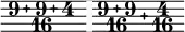  << \relative { \omit Staff.Clef \override Staff.BarLine.color = #(rgb-color 0.972 0.976 0.98) \override Staff.BarLine.hair-thickness = #8 \compoundMeter #'((9 9 4 16)) \set Timing.measureLength = #(ly:make-moment 1/8) s8 \compoundMeter #'((9 9 16) (4 16)) \set Timing.measureLength = #(ly:make-moment 1/8) s8 \bar "" } >> 