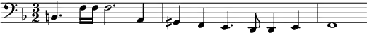 { \clef bass \key f \major \time 3/2 b,4. f16 f16 f2. a,4 gis,4 f,4 e,4. d,8 d,4 e,4 f,1 }