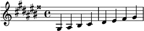  \relative c' { \clef treble\key gis \major gis ais bis cis | dis eis fisis gis } 