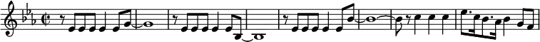 {\key es \major\time 2/2 r8 es'8 es' es' es'4 es'8 g'8~g'1 r8 es'8 es' es' es'4 es'8 bes8~bes1 r8 es'8 es' es' es'4 es'8 bes'8~bes'1~bes'8 r8 c''4 c'' c'' es''8. c''16 bes'8. as'16 bes'4 g'8 f'8 }