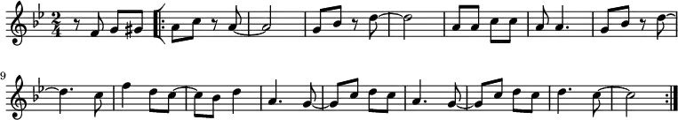 {\key bes \major
  \time 2/4 r8 f'8 g' gis' \bar "[|:" a' c'' r8 a'~a'2 g'8 bes' r8 d''~d''2 a'8a'c''c''a'a'4. g'8 bes' r8 d''~d''4. c''8 f''4 d''8 c''~c'' bes' d''4 a'4. g'8~g' c'' d'' c'' a'4. g'8~g' c'' d'' c'' d''4. c''8~c''2 \bar ":|." }
