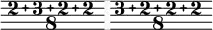  << \relative { \omit Staff.Clef \override Staff.BarLine.color = #(rgb-color 0.972 0.976 0.98) \override Staff.BarLine.hair-thickness = #8 \compoundMeter #'((2 3 2 2 8)) \set Timing.measureLength = #(ly:make-moment 1/8) s8 \compoundMeter #'((3 2 2 2 8)) \set Timing.measureLength = #(ly:make-moment 1/8) s8 \bar "" } >> 