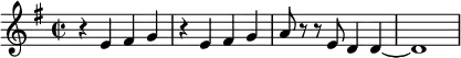 {\key g \major
 \time 2/2 r4 e' fis' g' r4 e' fis' g' a'8 r8 r8 e'8 d'4 d'4~d'1 }