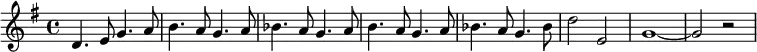 {\key g \major
  \time 4/4 d'4. e'8 g'4. a'8 b'4. a'8 g'4. a'8 bes'4. a'8 g'4. a'8 b'4. a'8 g'4. a'8 bes'4. a'8 g'4. bes'8 d''2 e'2 g'1~g'2 r2}