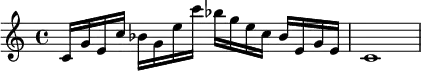{ c'16 g'16 e'16 c''16 bes'16 g'16 e''16 c'''16 bes''16 g''16 e''16 c''16 bes'16 e'16 g'16 e'16 c'1 }